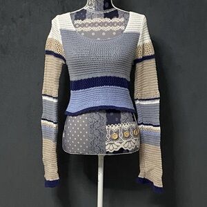 Altard State Crochet Top Womens XL Blue Colorblock Cropped Sweater Boho Beachy